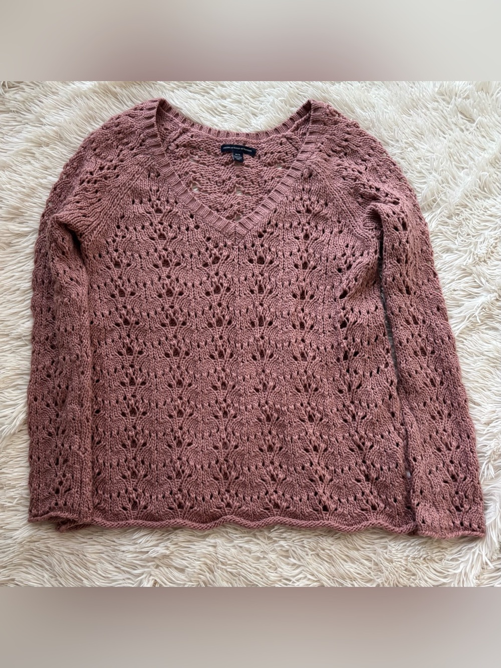 American Eagle Outfitters Dusty Rose Open-Knit V-Neck Sweater